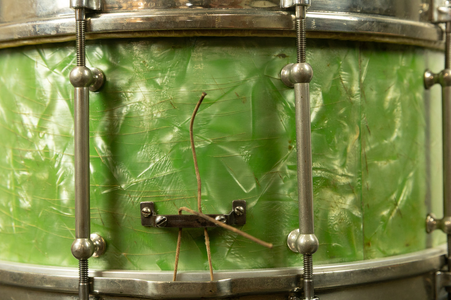 1920s Slingerland 7x14 Fancher Model Sea Green Pearl Snare Drum