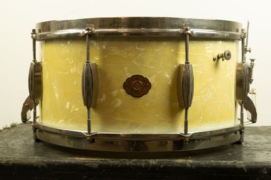 1940s Slingerland 7x14 Radio King White Marine Pearl Snare Drum