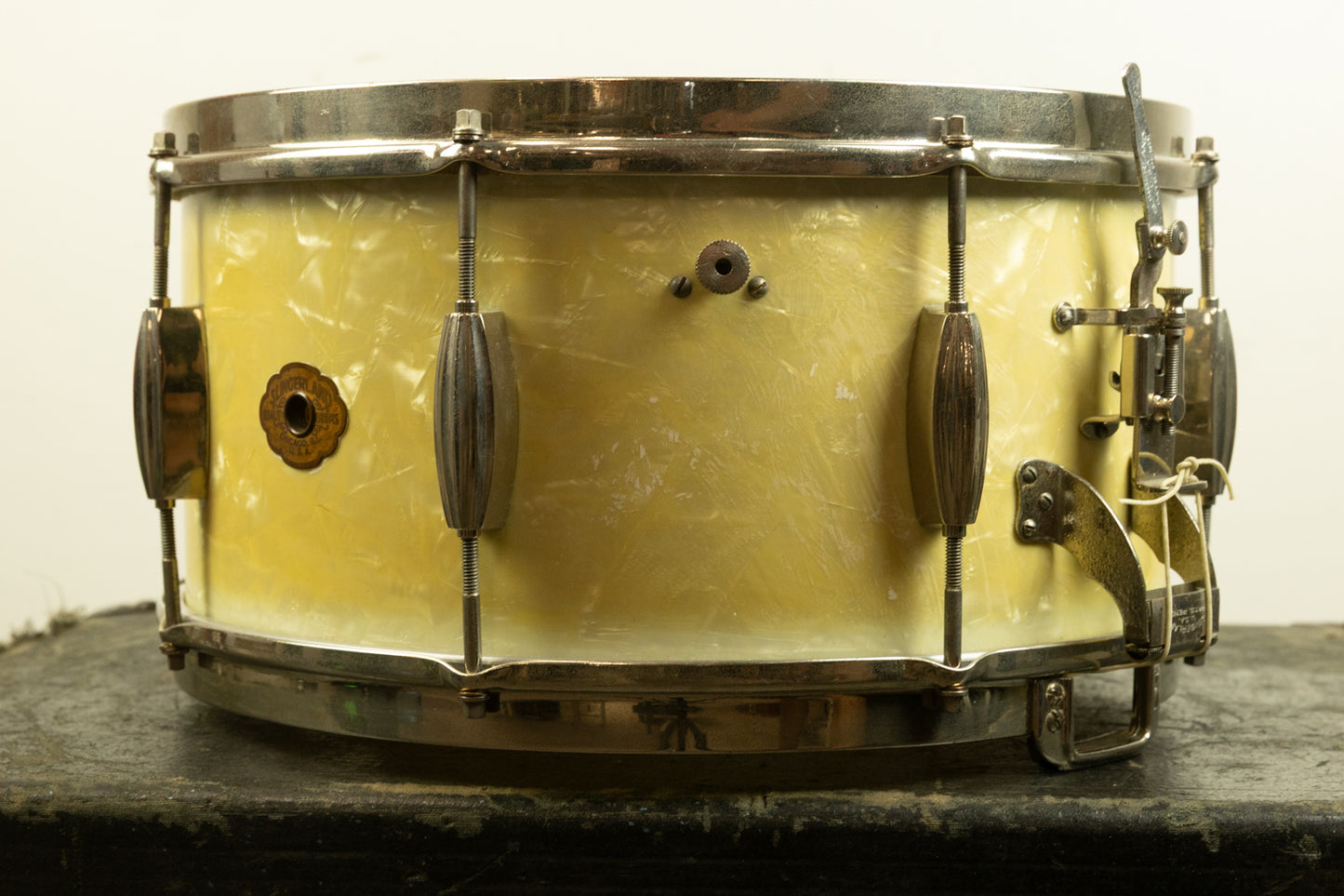 1940s Slingerland 7x14 Radio King White Marine Pearl Snare Drum