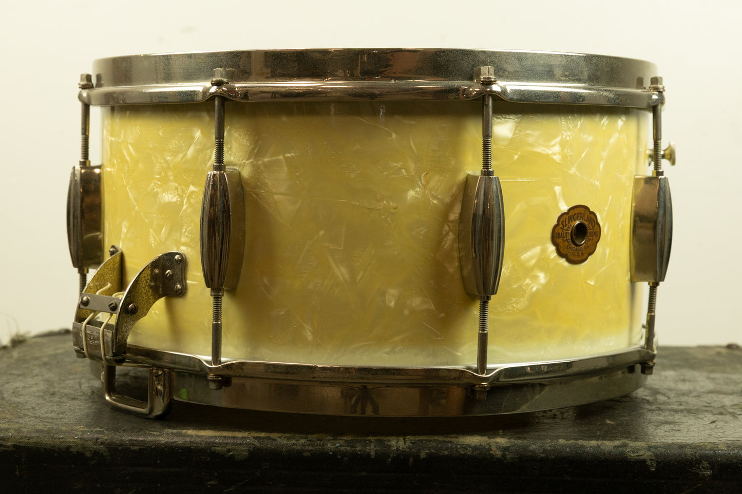 1940s Slingerland 7x14 Radio King White Marine Pearl Snare Drum
