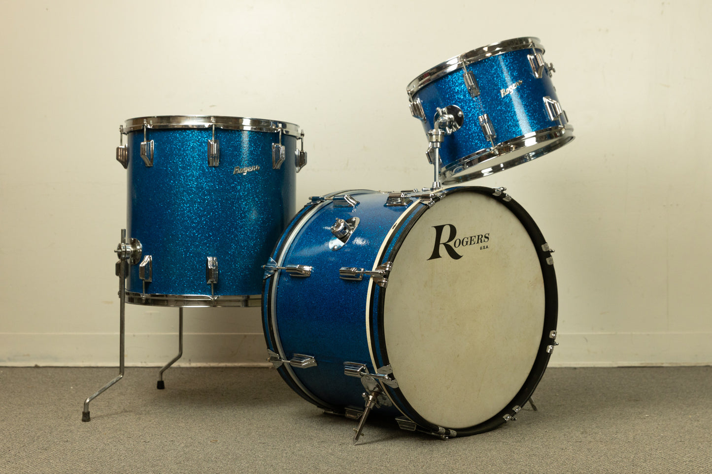 1960s Rogers Sparkling Blue 14x20 9x13 and 16x16 Drum Set