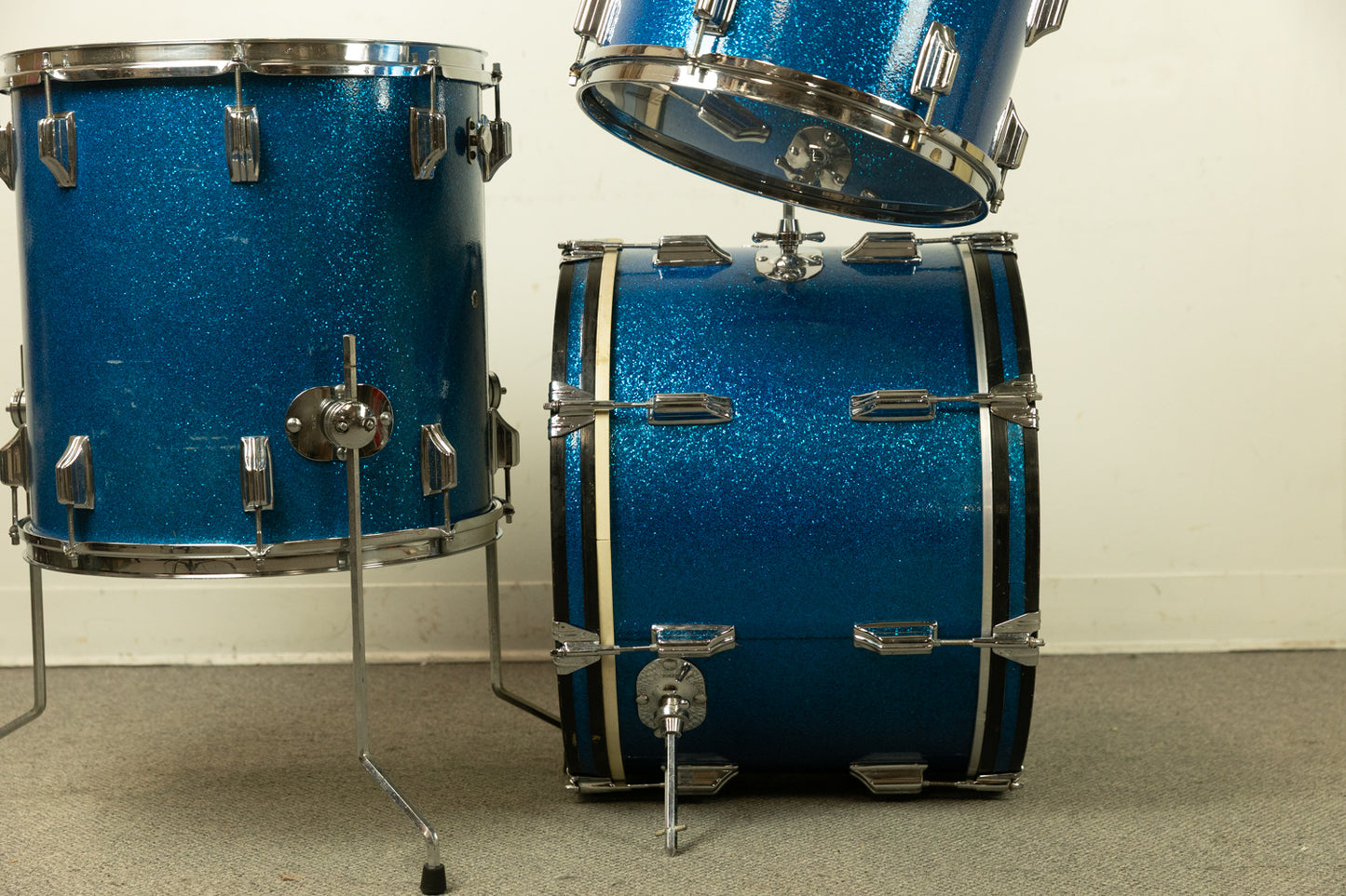 1960s Rogers Sparkling Blue 14x20 9x13 and 16x16 Drum Set