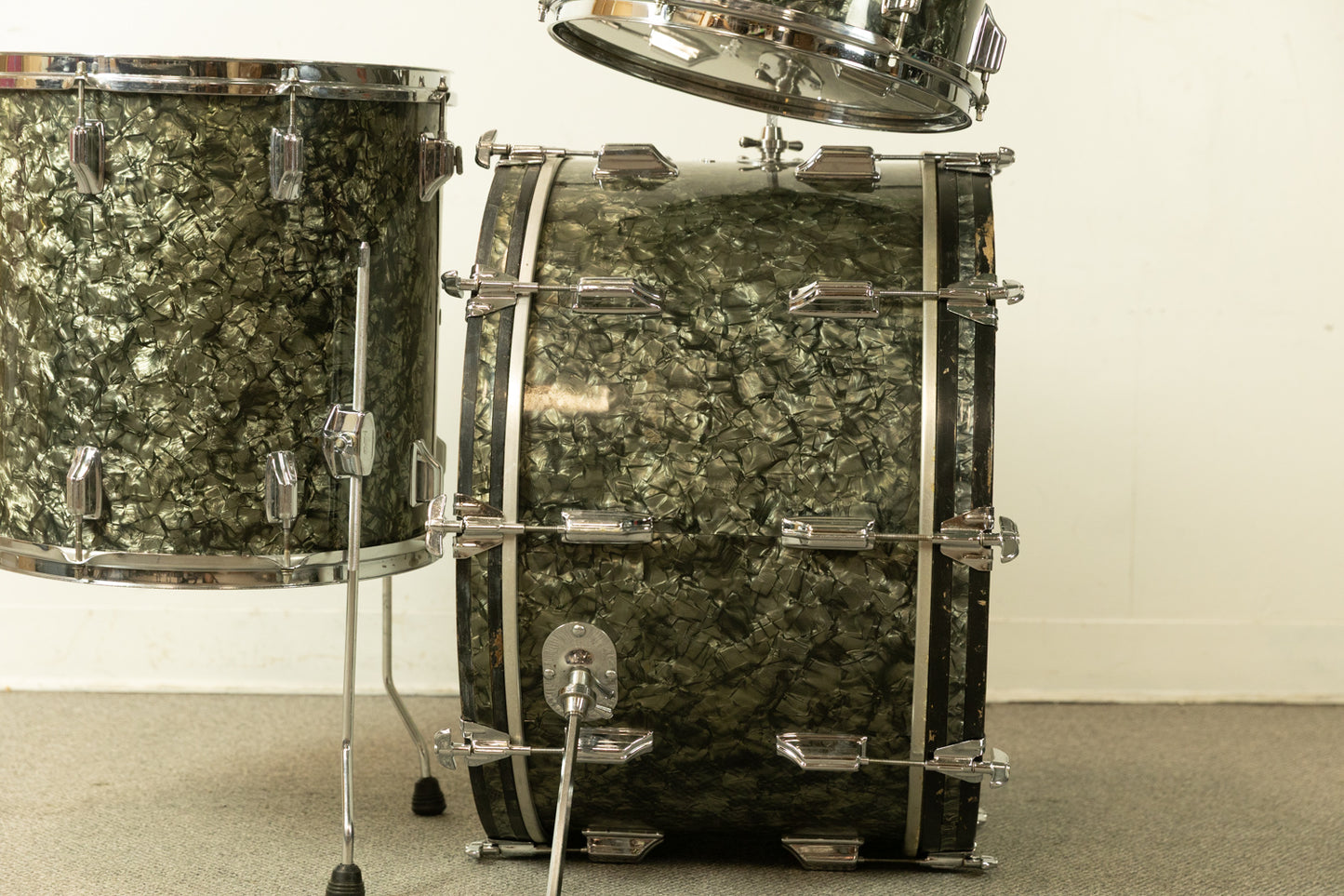 1970s Rogers Black Diamond Pearl 14x24 9x13 and 16x16 Drum Set