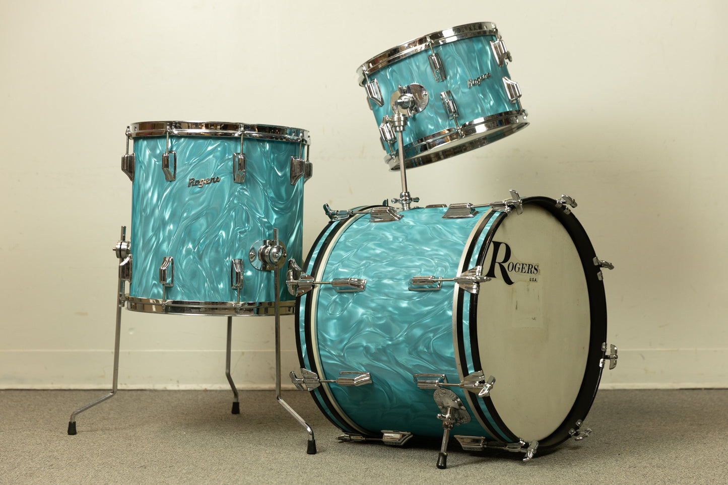 1960s Rogers Aqua Satin Flame Drum Set 14x18 14x14 and 8x12