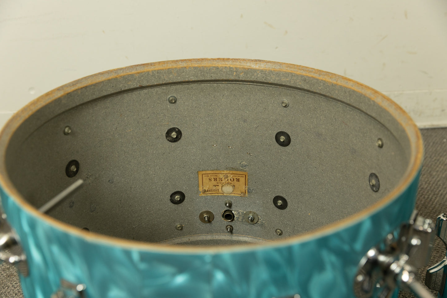 1960s Rogers Aqua Satin Flame Drum Set 14x18 14x14 and 8x12