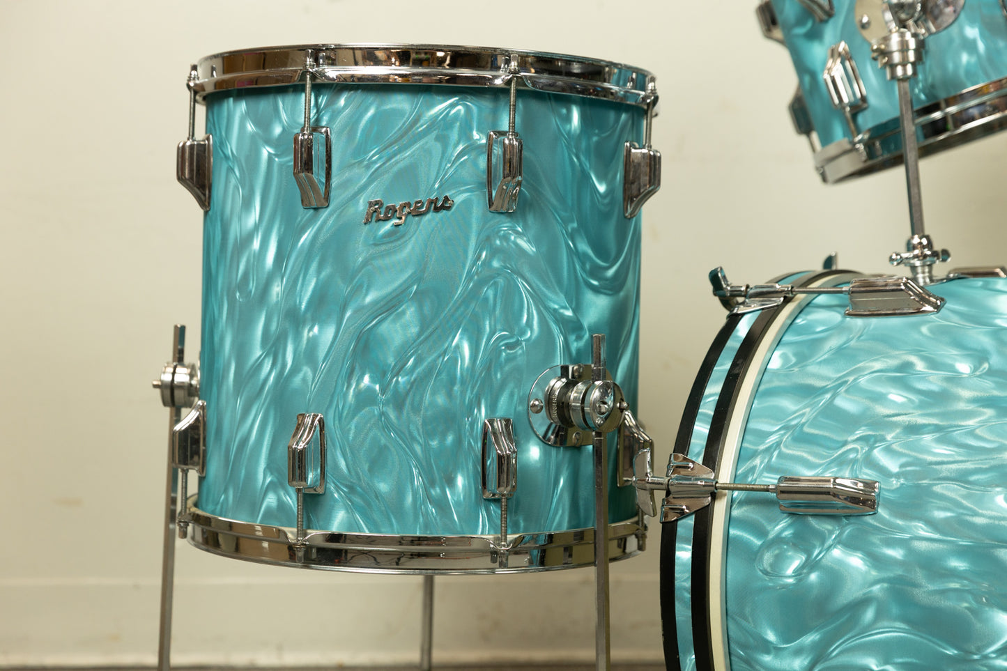 1960s Rogers Aqua Satin Flame Drum Set 14x18 14x14 and 8x12