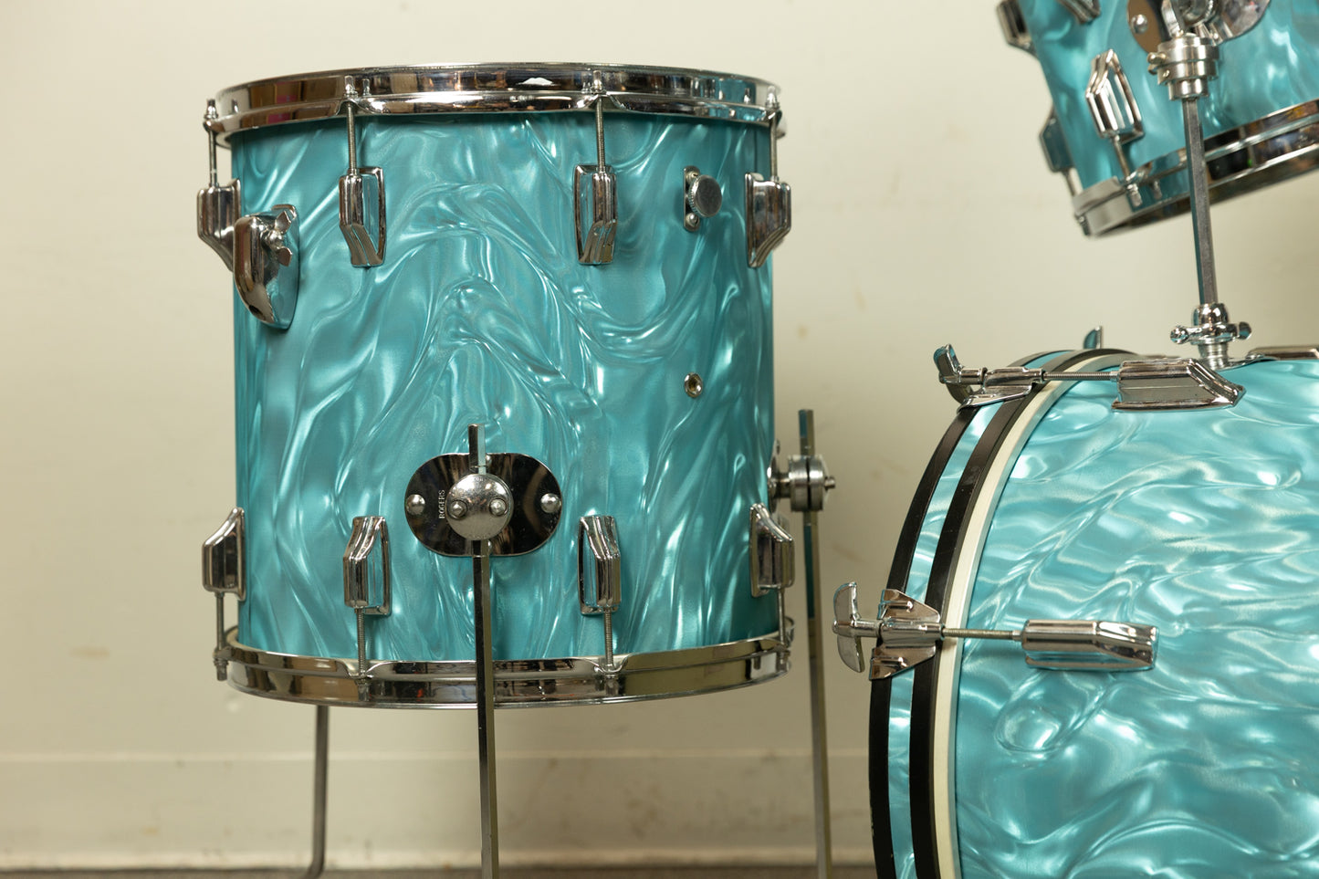1960s Rogers Aqua Satin Flame Drum Set 14x18 14x14 and 8x12