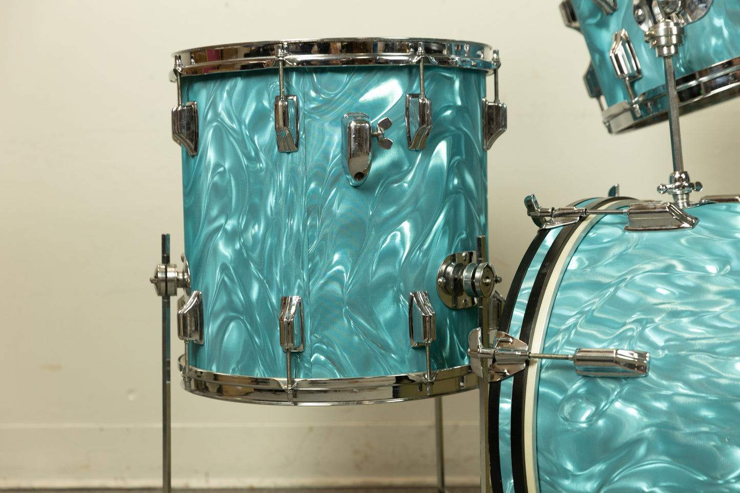 1960s Rogers Aqua Satin Flame Drum Set 14x18 14x14 and 8x12