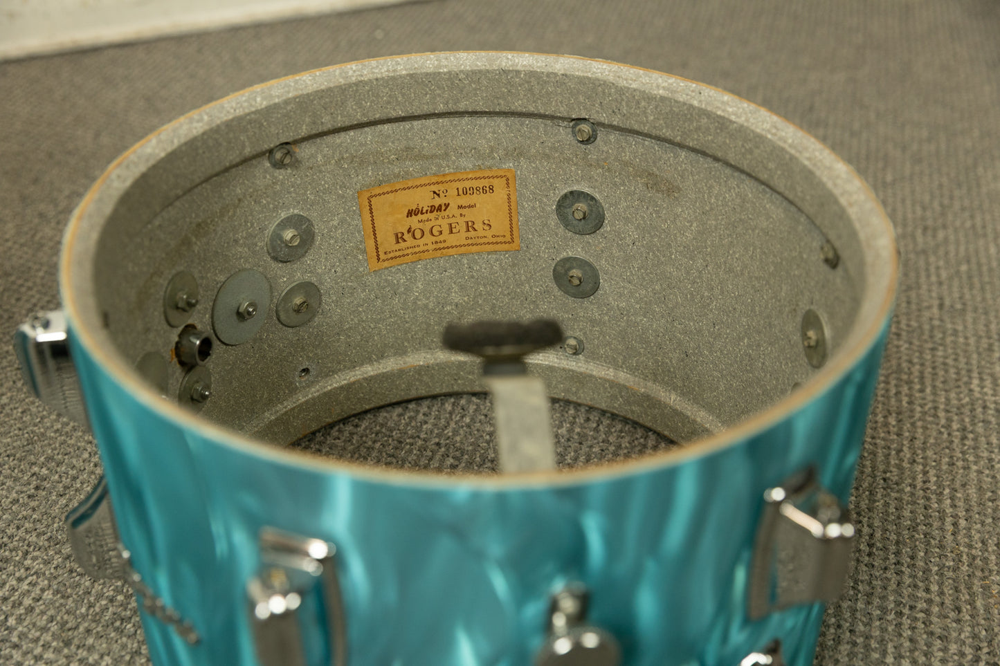 1960s Rogers Aqua Satin Flame Drum Set 14x18 14x14 and 8x12