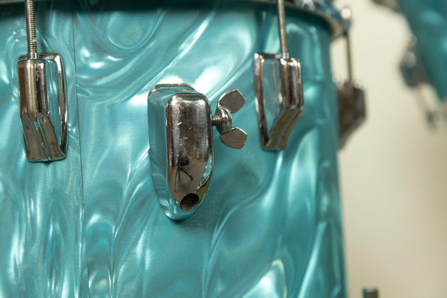 1960s Rogers Aqua Satin Flame Drum Set 14x18 14x14 and 8x12