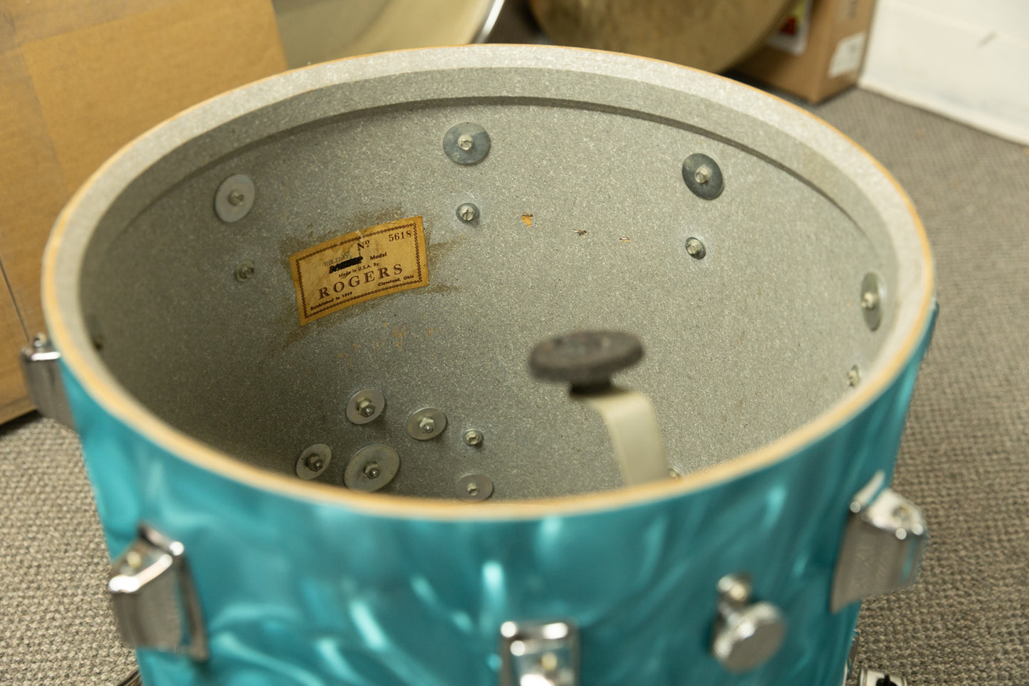 1960s Rogers Aqua Satin Flame Drum Set 14x18 14x14 and 8x12