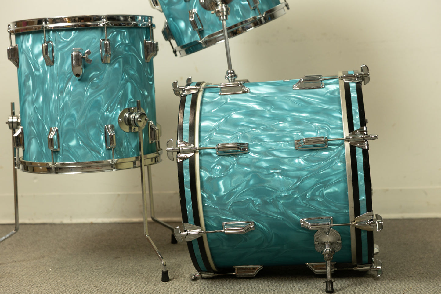 1960s Rogers Aqua Satin Flame Drum Set 14x18 14x14 and 8x12