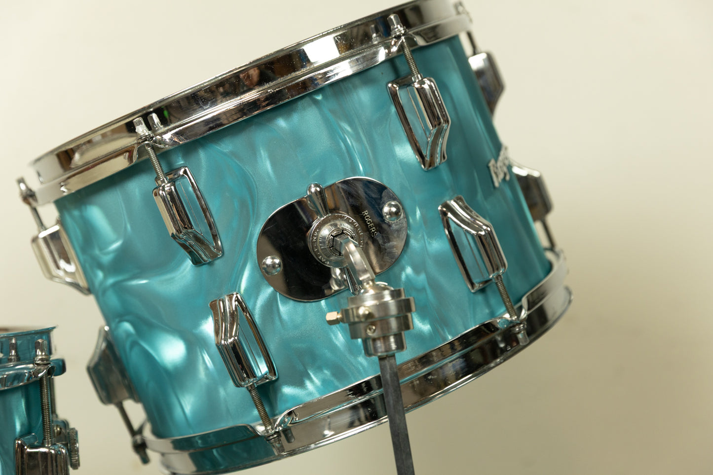 1960s Rogers Aqua Satin Flame Drum Set 14x18 14x14 and 8x12