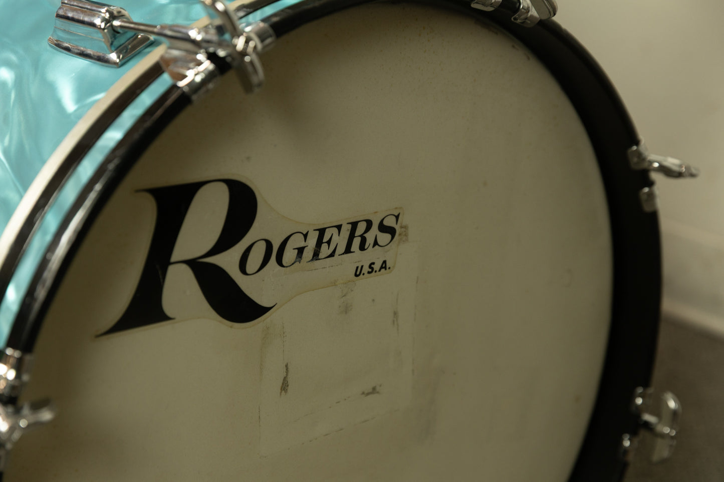 1960s Rogers Aqua Satin Flame Drum Set 14x18 14x14 and 8x12