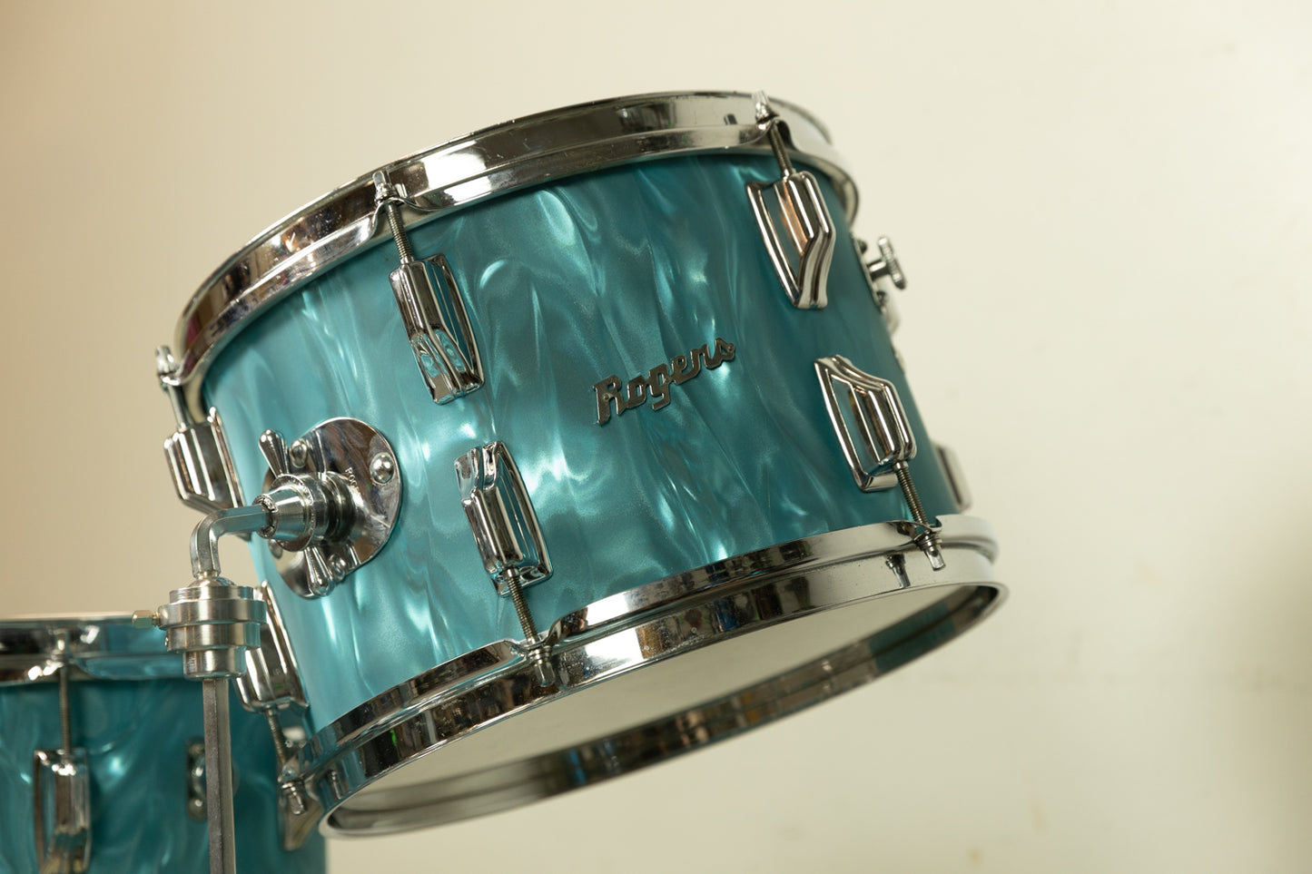 1960s Rogers Aqua Satin Flame Drum Set 14x18 14x14 and 8x12