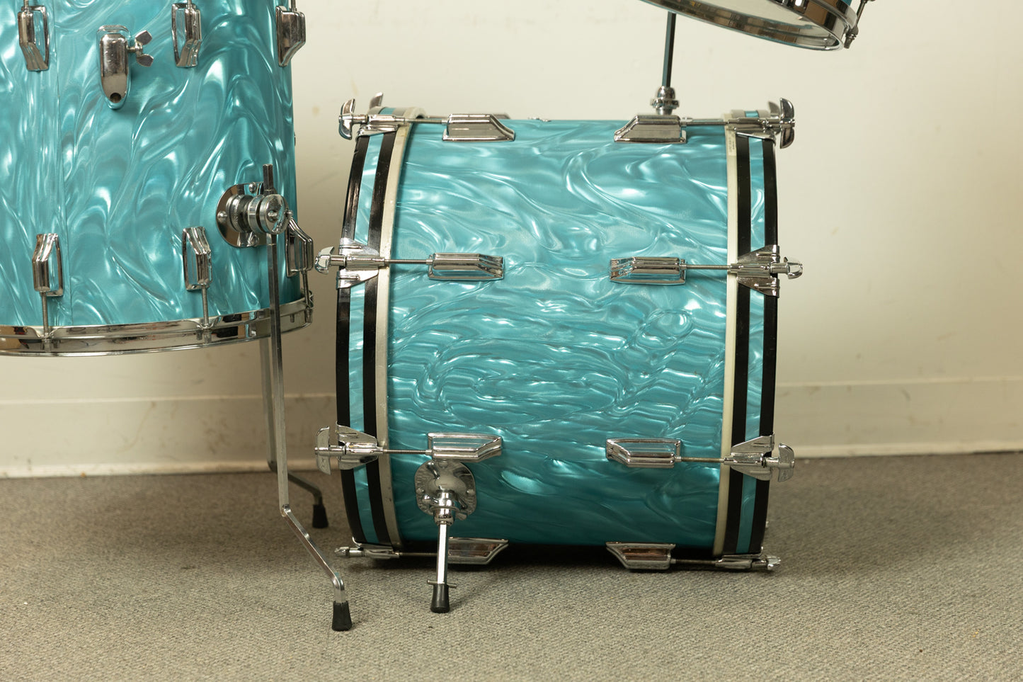 1960s Rogers Aqua Satin Flame Drum Set 14x18 14x14 and 8x12