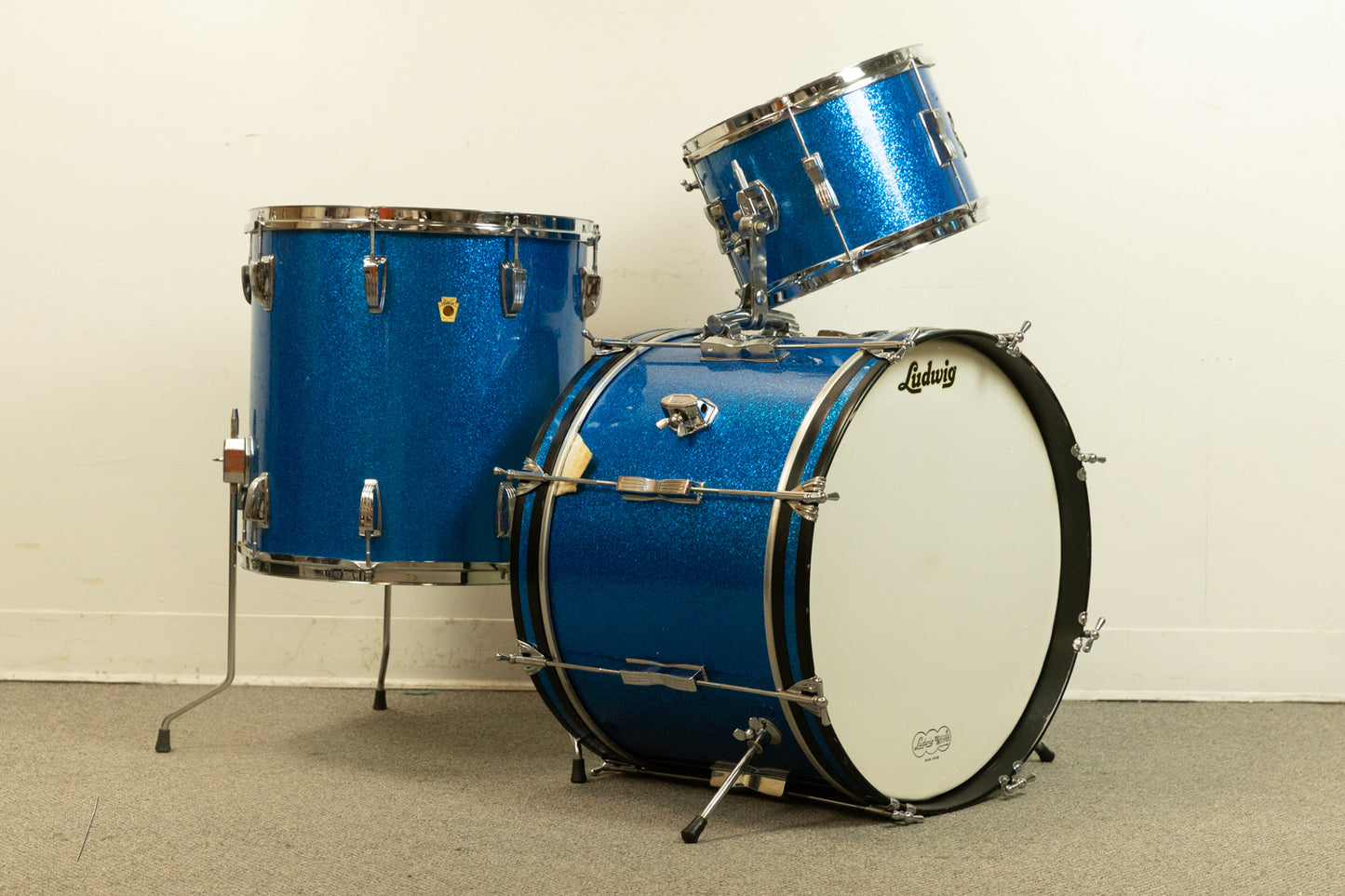 1960s Ludwig Blue Sparkle 14x20 8x12 and 16x16 Drum Set