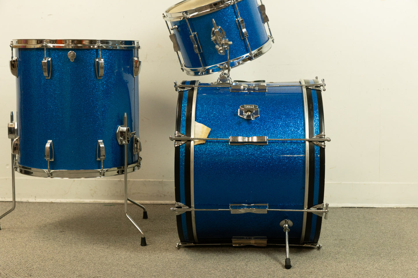 1960s Ludwig Blue Sparkle 14x20 8x12 and 16x16 Drum Set
