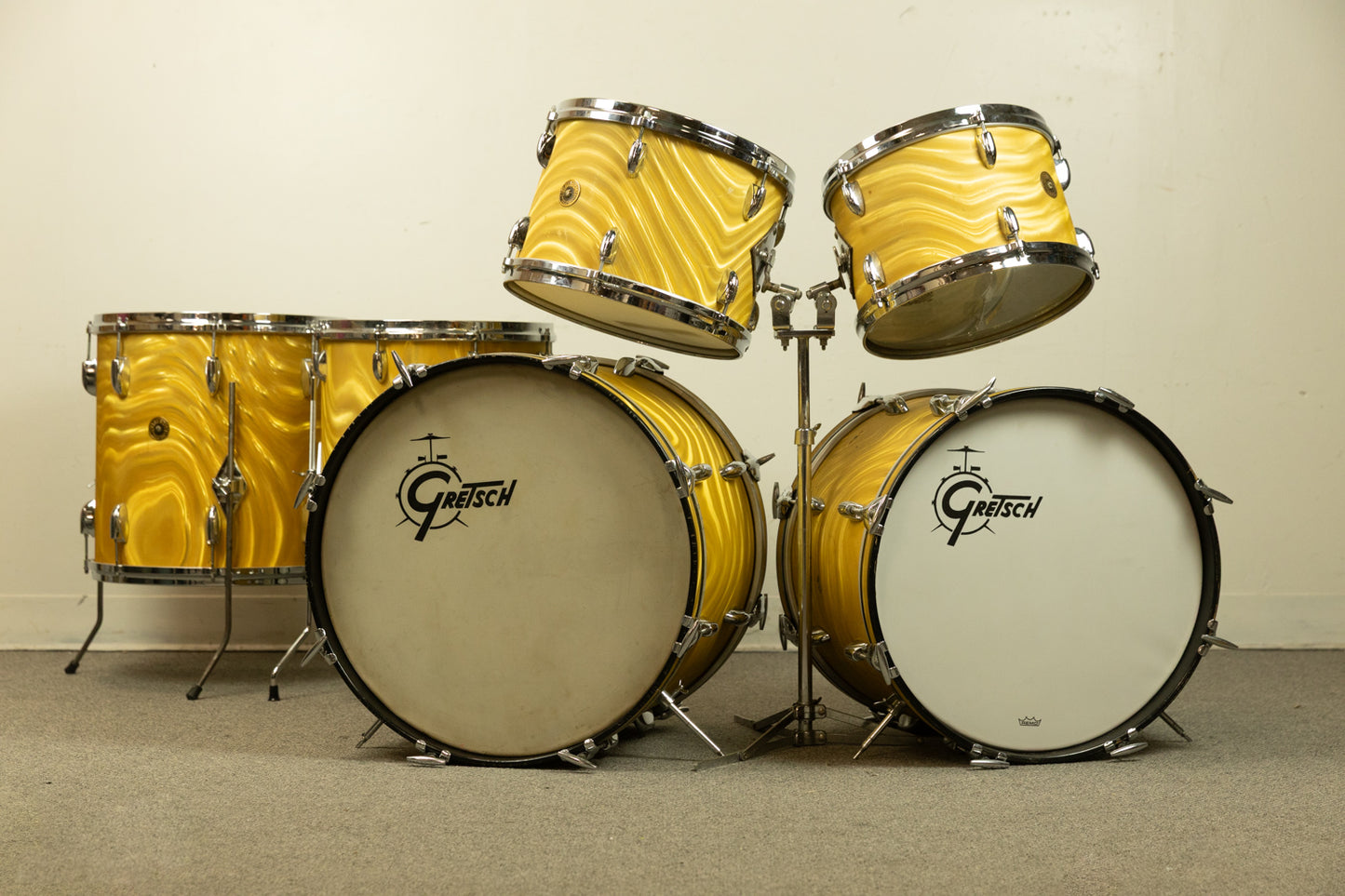 1960s Gretsch Gold Satin Flame "Double Bass" Drum Set