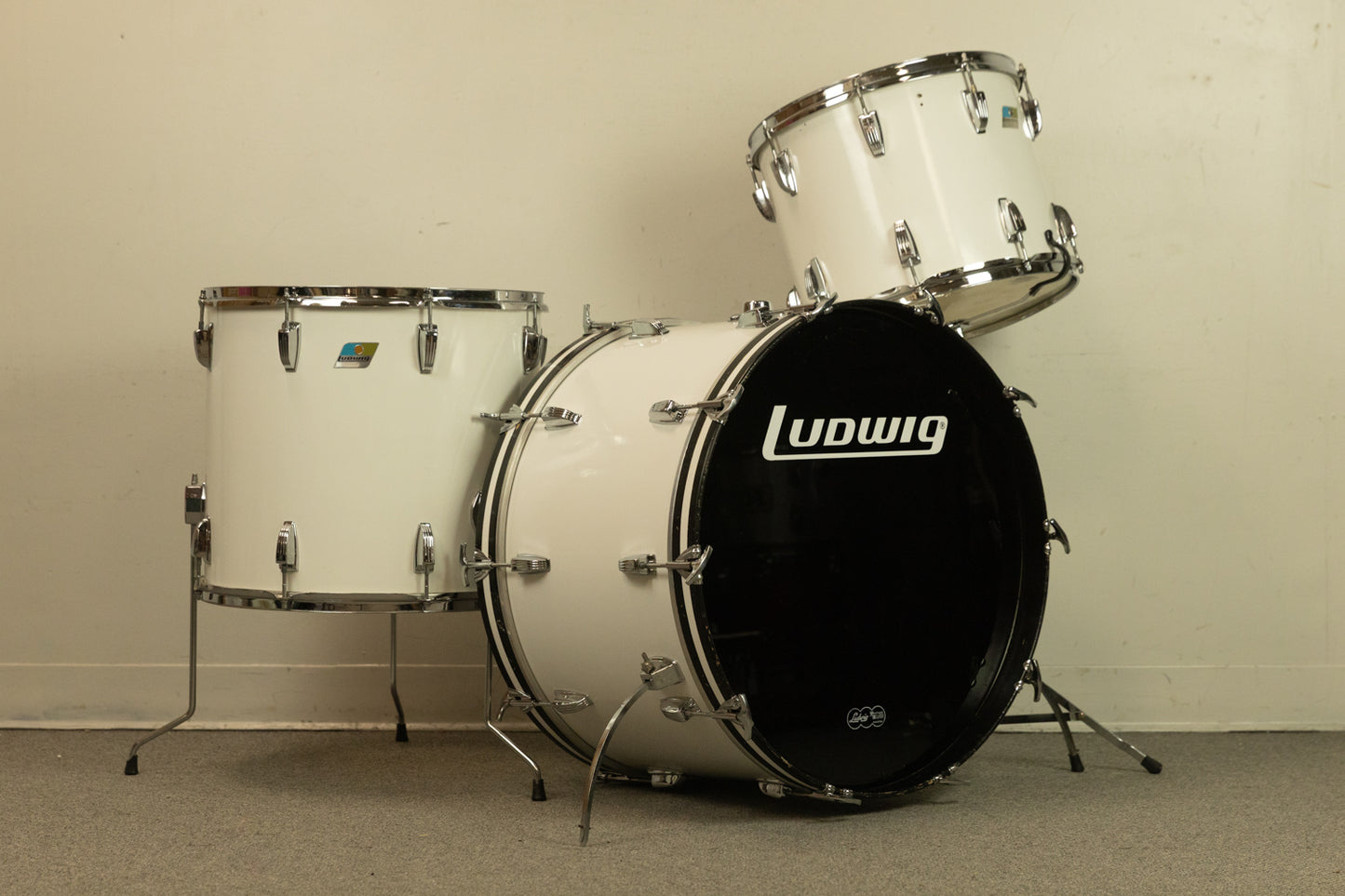 1970s Ludwig White Cortex 14x24 12x15 and 16x18 Drum Set