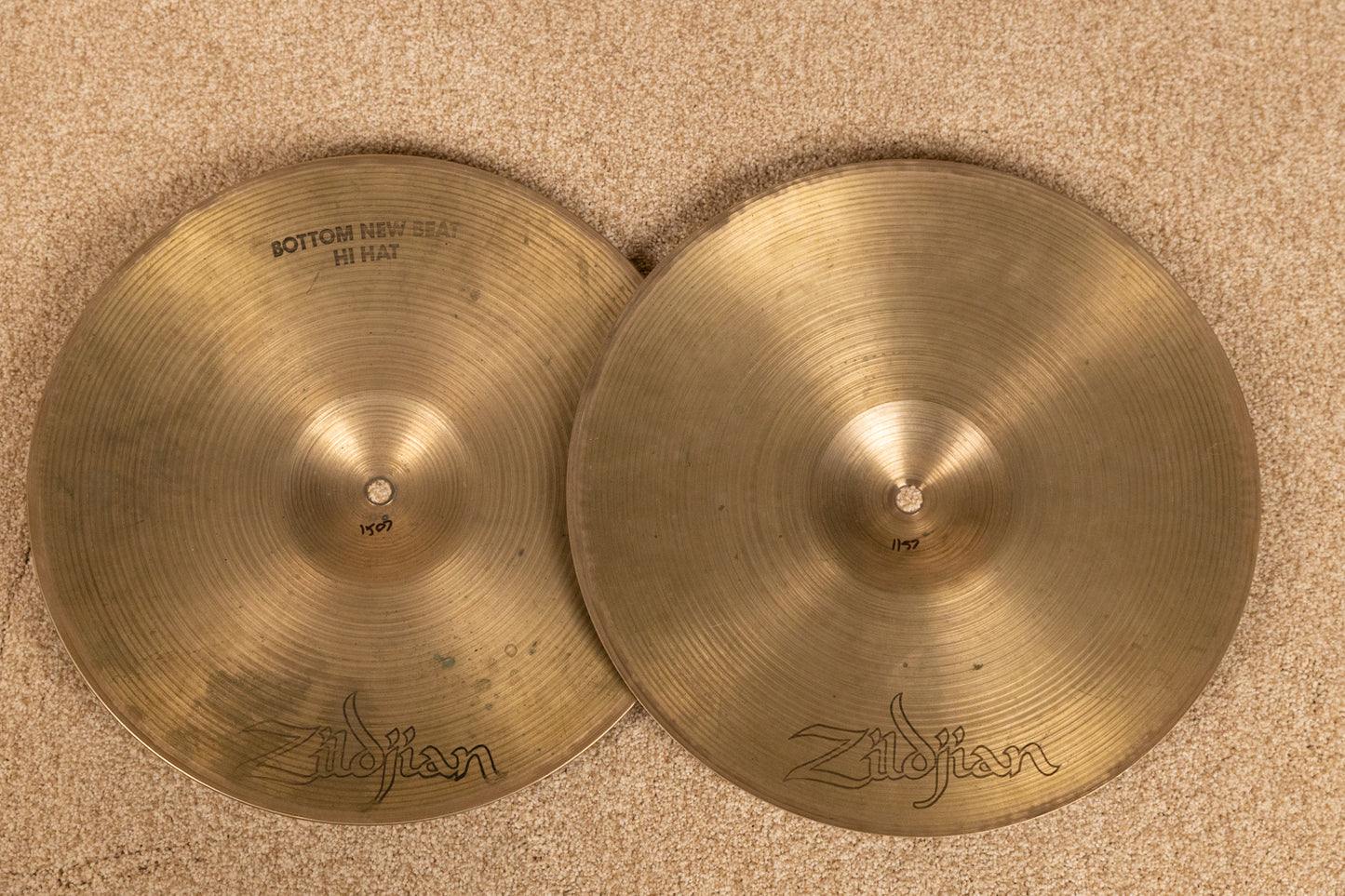 1970s Zildjian 14" A Hollow Logo New Beat Hi Hat Cymbals 1157g 1507g