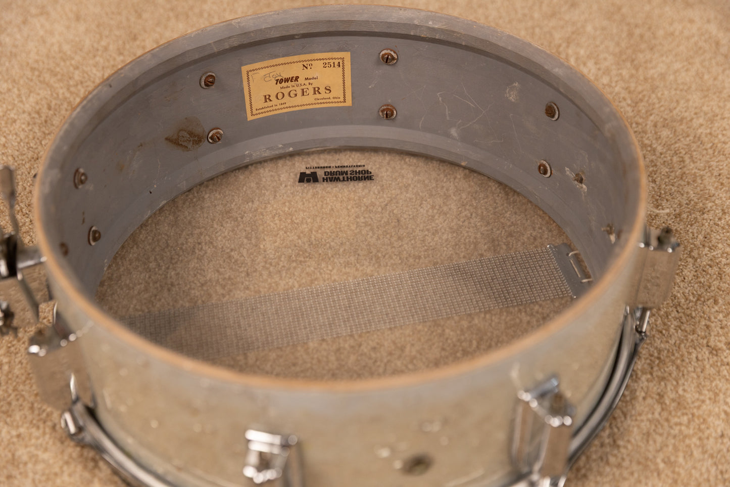 1960s Rogers 5x14 White Marine Pearl Tower Snare Drum