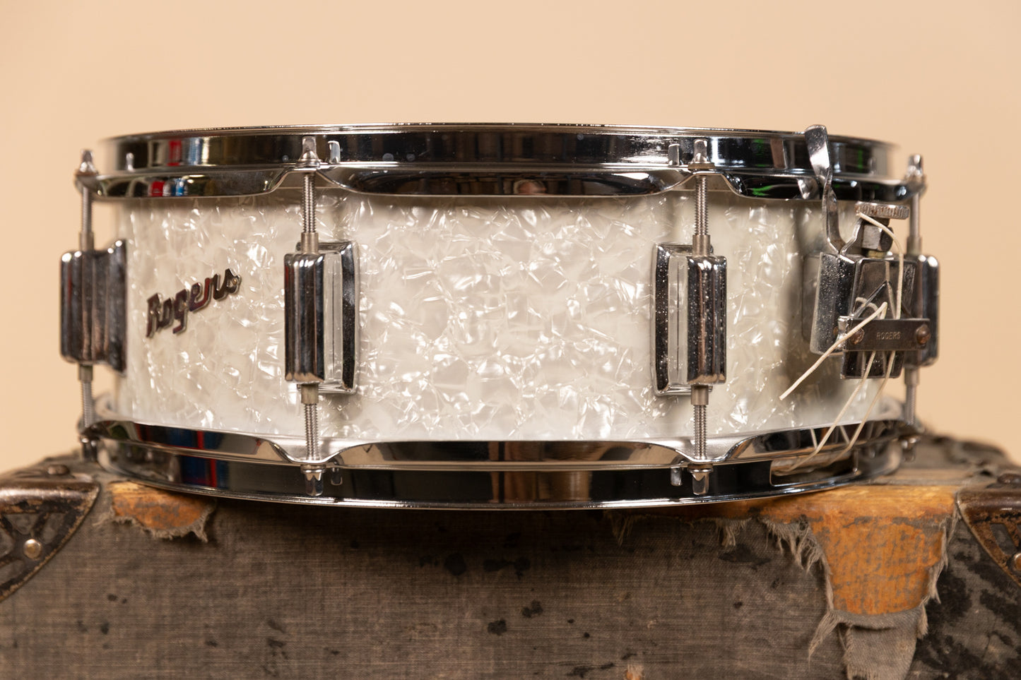 1960s Rogers 5x14 White Marine Pearl Tower Snare Drum