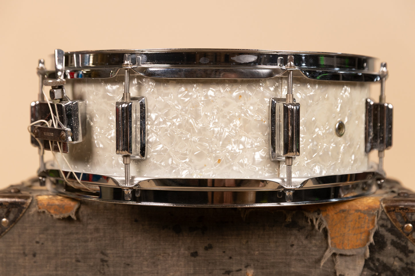 1960s Rogers 5x14 White Marine Pearl Tower Snare Drum