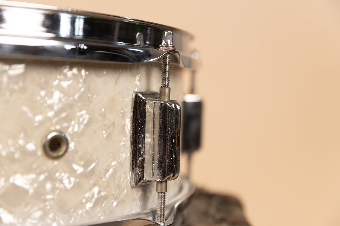 1960s Rogers 5x14 White Marine Pearl Tower Snare Drum