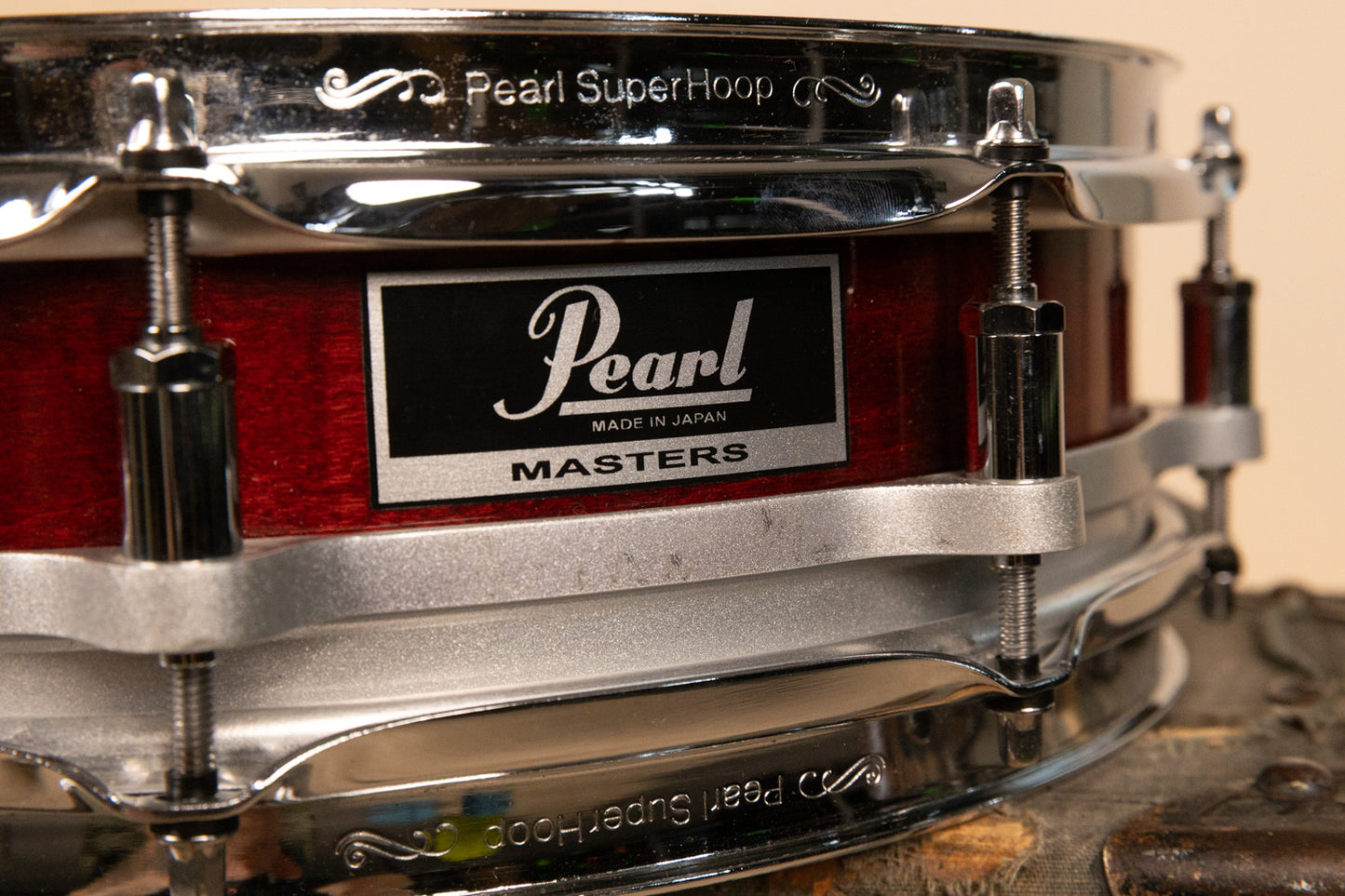 1980s Pearl 3.5x15 Sequoia Red Maple Free Floating Snare Drum