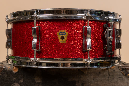 Vintage Ludwig 5.5x14 Red Glass Glitter Transition Stamp Jazz Festival Snare Drum