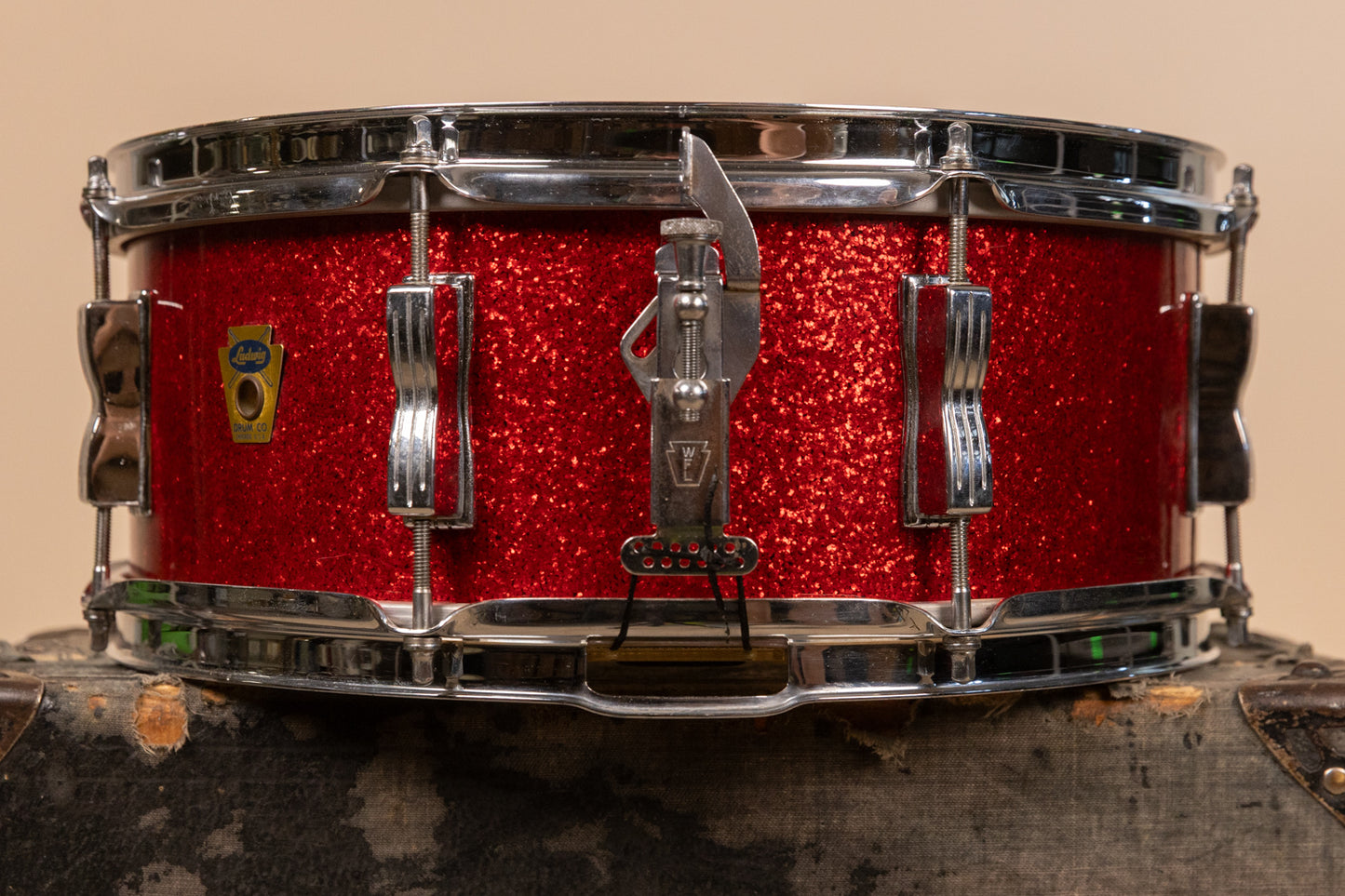 Vintage Ludwig 5.5x14 Red Glass Glitter Transition Stamp Jazz Festival Snare Drum