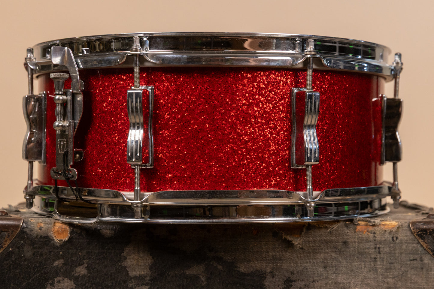 Vintage Ludwig 5.5x14 Red Glass Glitter Transition Stamp Jazz Festival Snare Drum