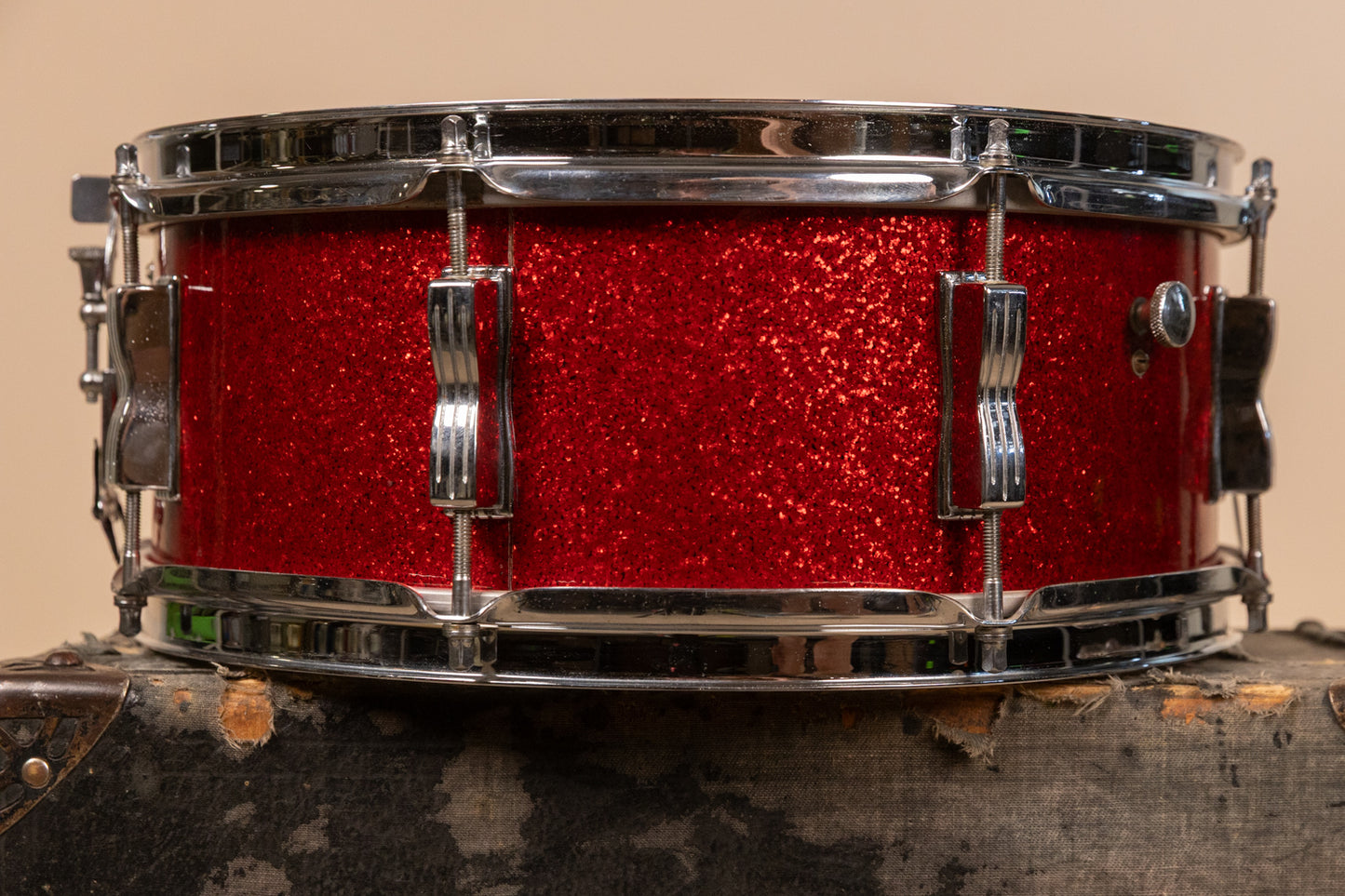 Vintage Ludwig 5.5x14 Red Glass Glitter Transition Stamp Jazz Festival Snare Drum
