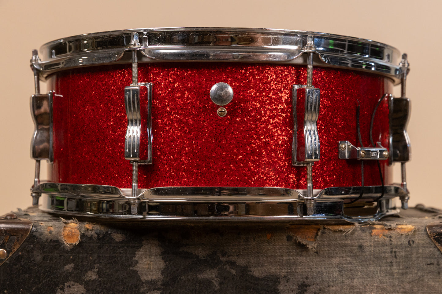 Vintage Ludwig 5.5x14 Red Glass Glitter Transition Stamp Jazz Festival Snare Drum