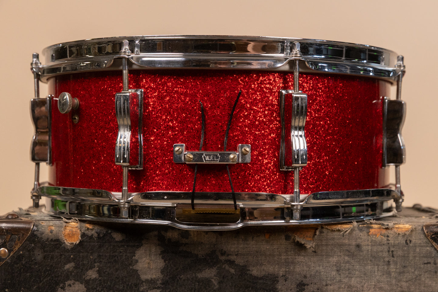 Vintage Ludwig 5.5x14 Red Glass Glitter Transition Stamp Jazz Festival Snare Drum