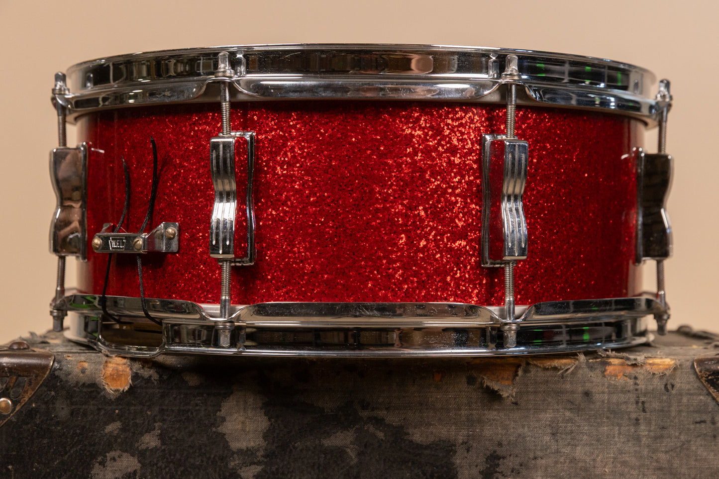 Vintage Ludwig 5.5x14 Red Glass Glitter Transition Stamp Jazz Festival Snare Drum