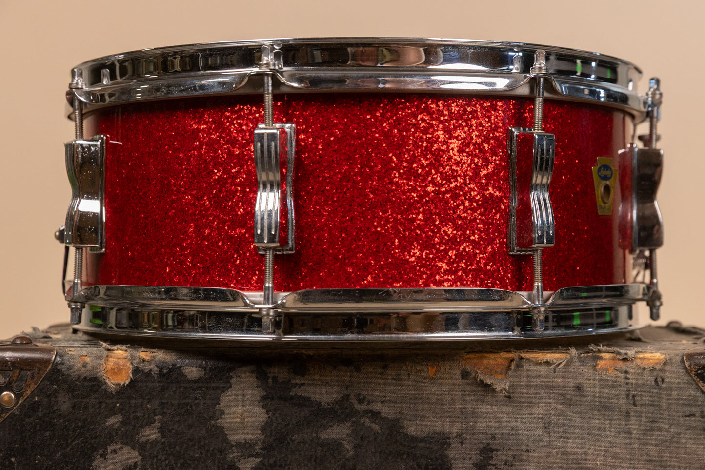 Vintage Ludwig 5.5x14 Red Glass Glitter Transition Stamp Jazz Festival Snare Drum