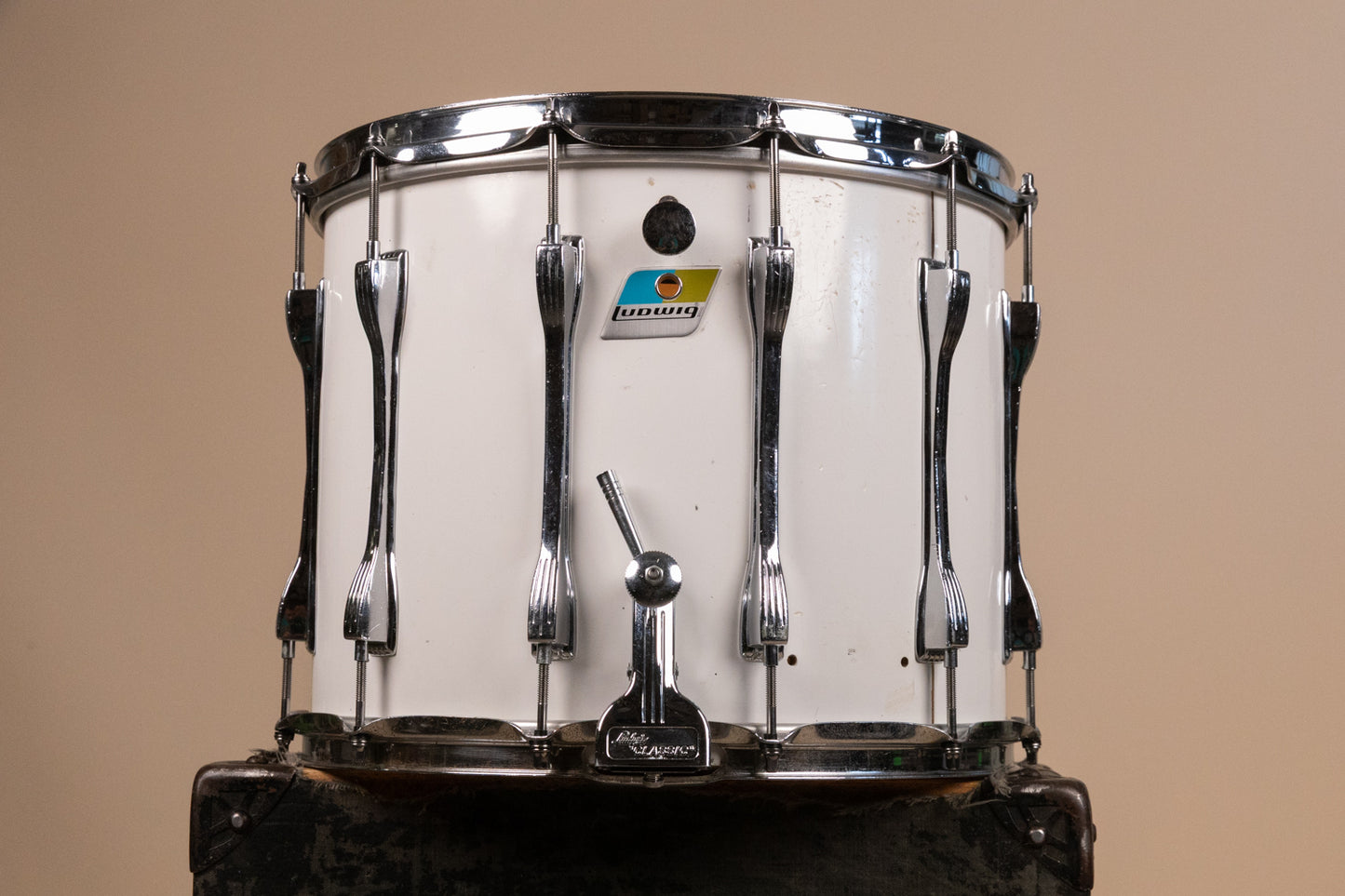 1980s Ludwig 12x14 White Cortex Challenger Series Parade Drum