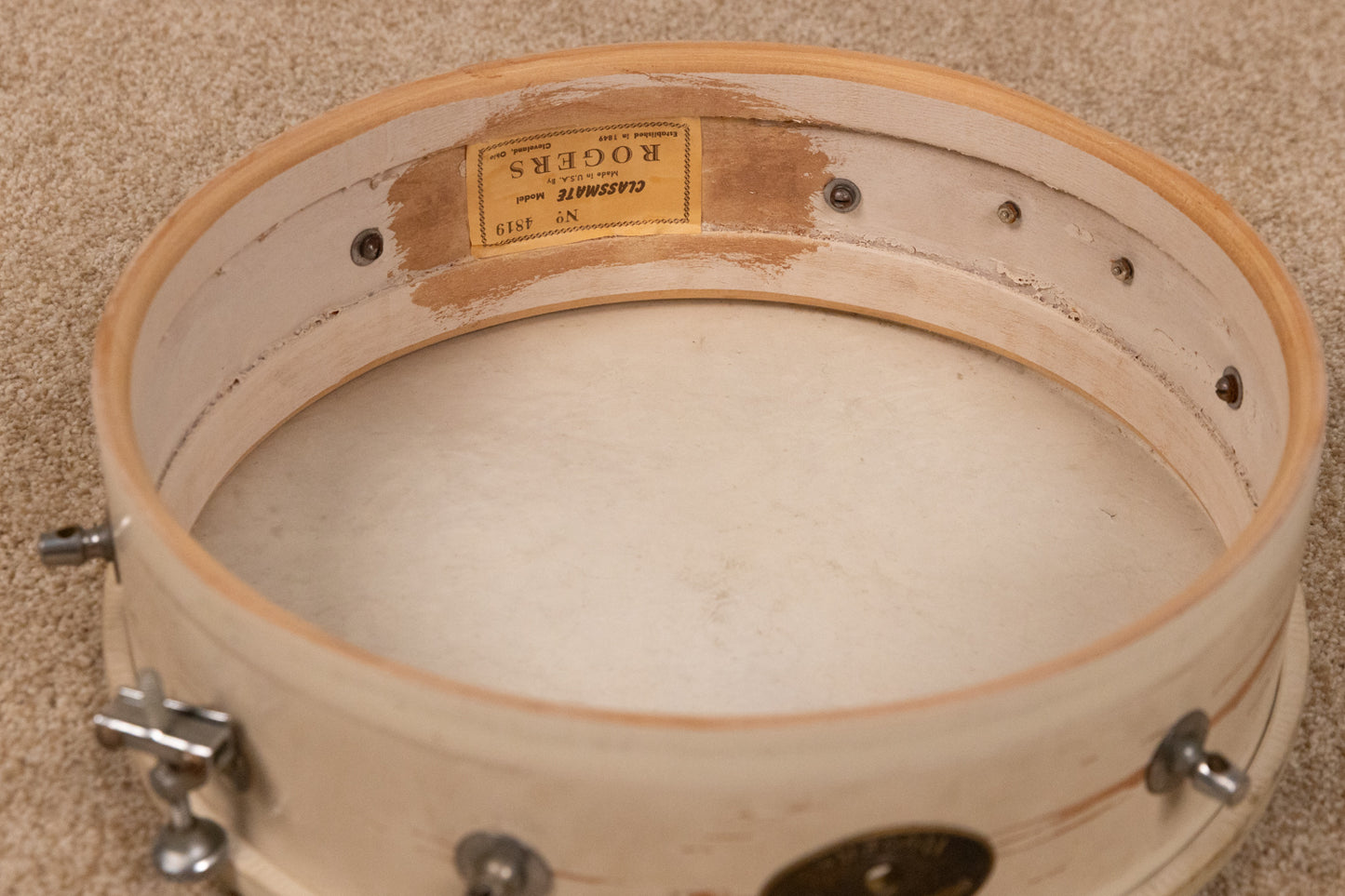 1950s Rogers 3x13 Classmate White Lacquer Snare Drum