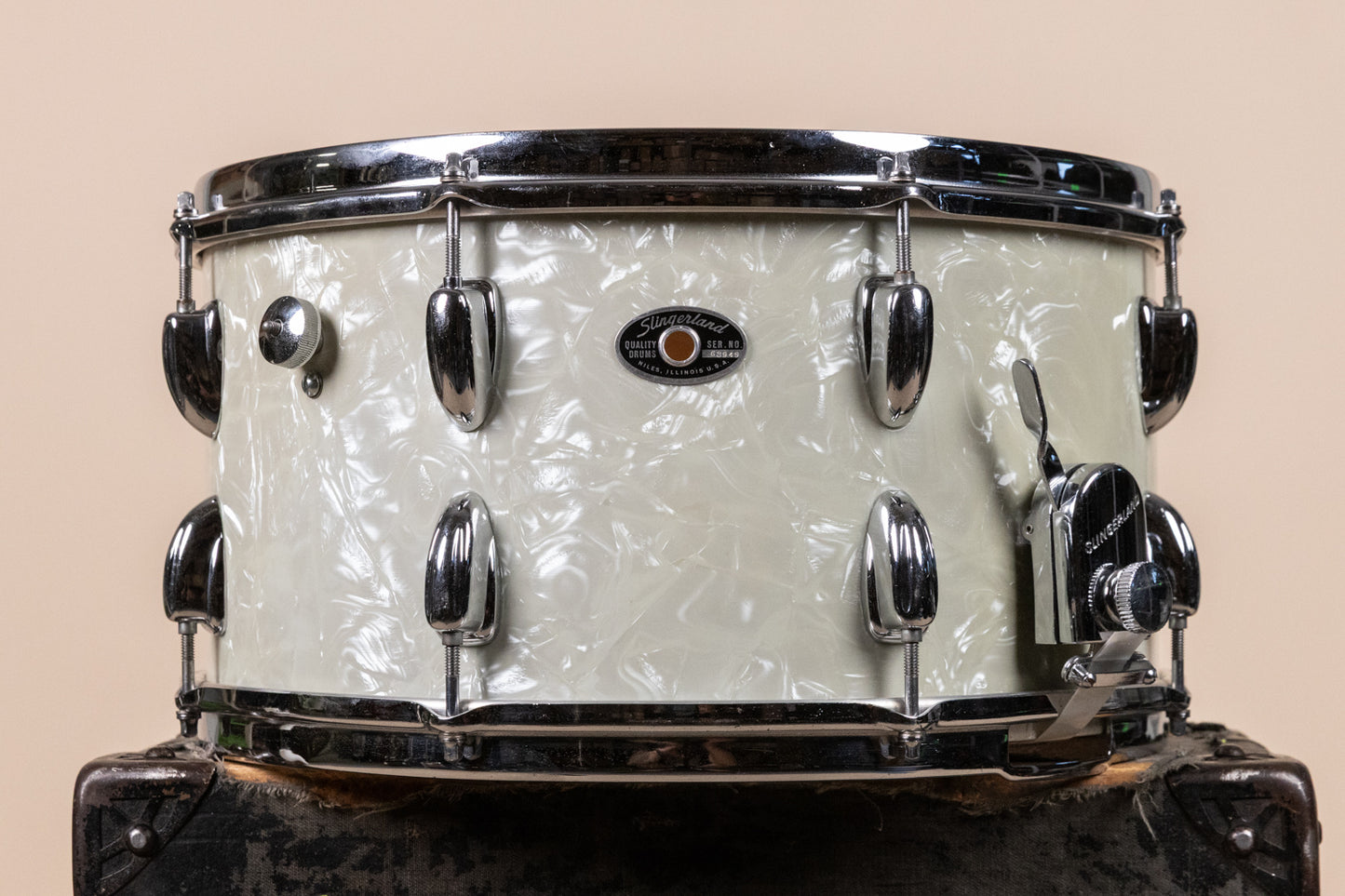 1970s Slingerland 8x15 White Marine Pearl Concert King Snare Dru