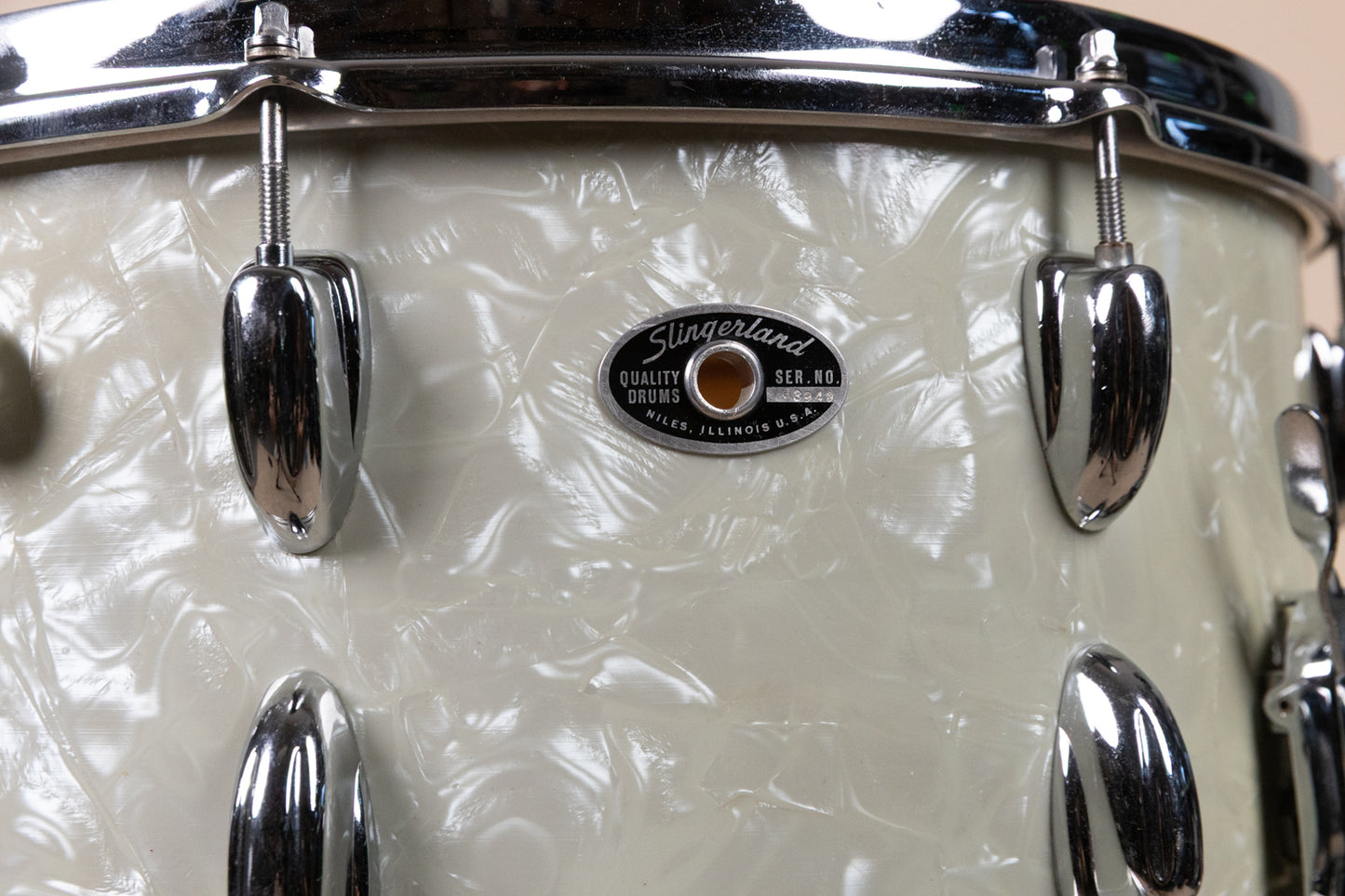 1970s Slingerland 8x15 White Marine Pearl Concert King Snare Dru