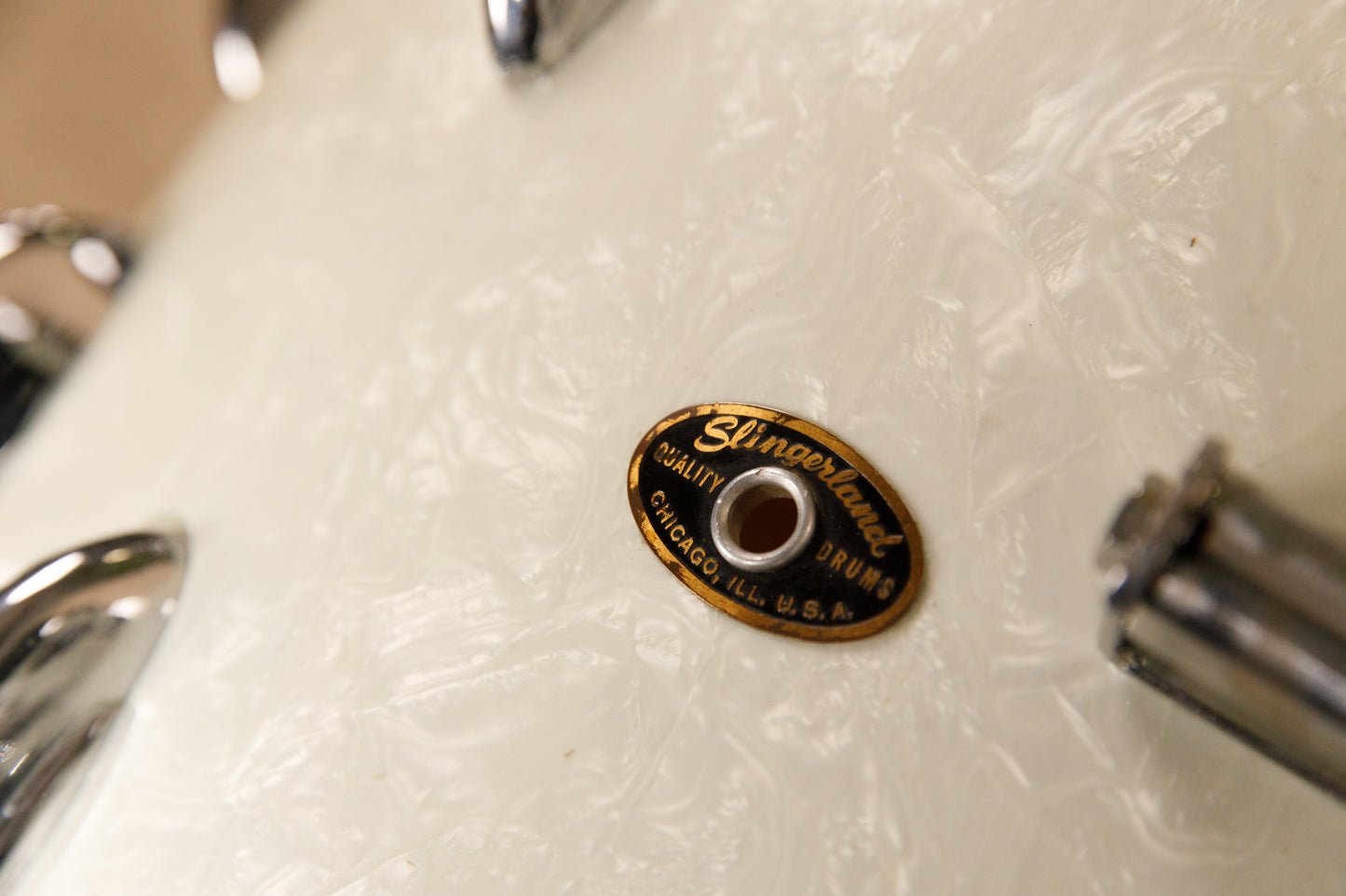 1960s Slingerland "Gene Krupa Deluxe" White Marine Pearl Drum Set