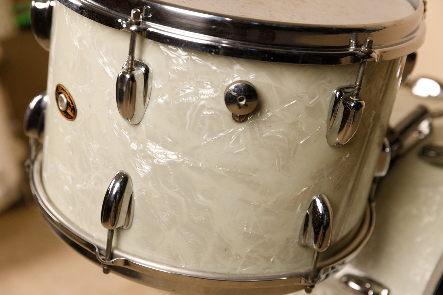 1960s Slingerland "Gene Krupa Deluxe" White Marine Pearl Drum Set