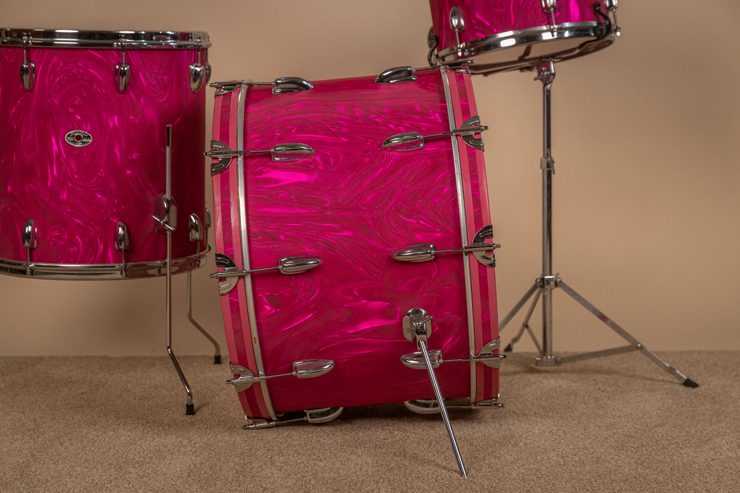 Vintage Slingerland Pink Satin Flame Drum Set 14x22 9x13 and 16x16