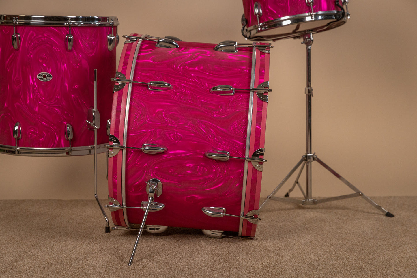 Vintage Slingerland Pink Satin Flame Drum Set 14x22 9x13 and 16x16