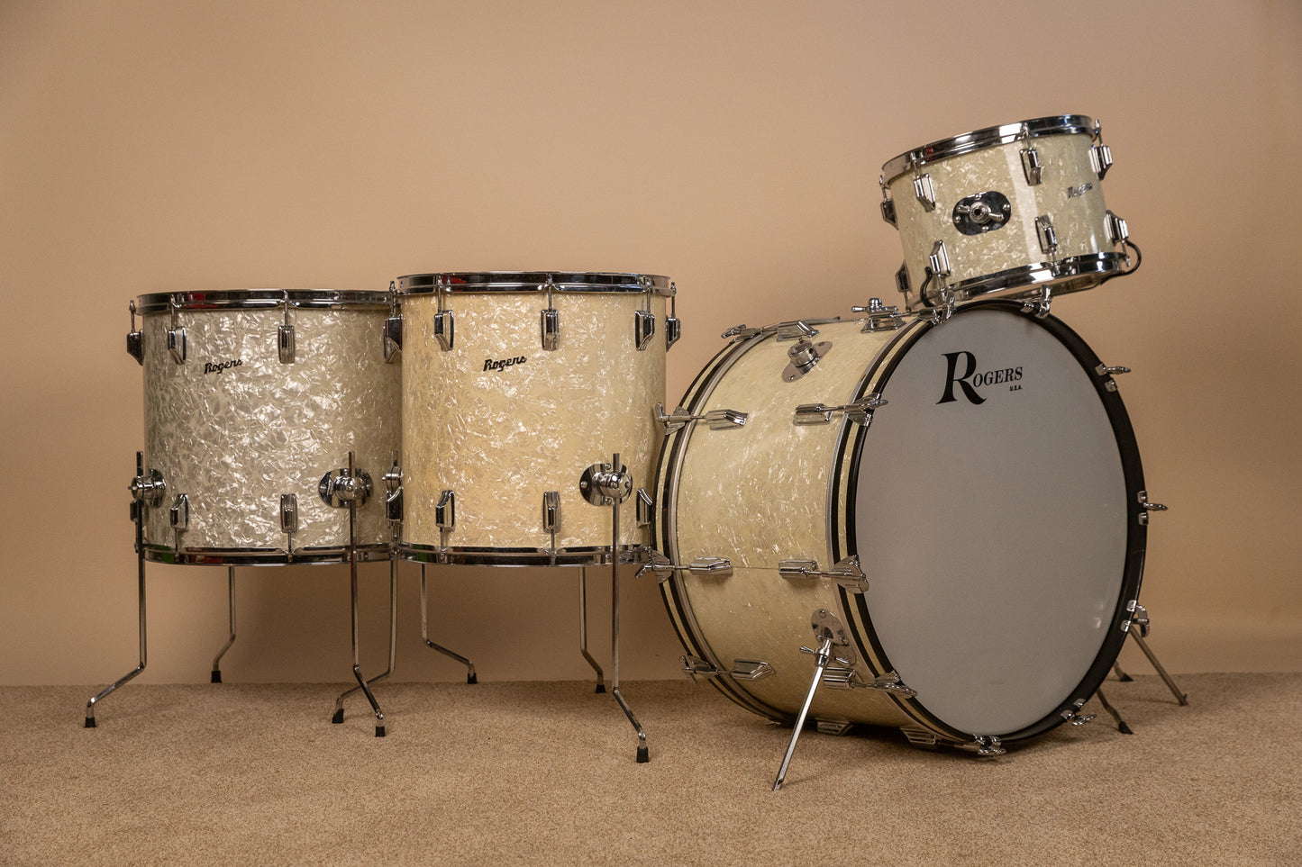 Vintage Rogers White Marine Pearl Drum Set 14x24 9x13 16x16 and 16x18