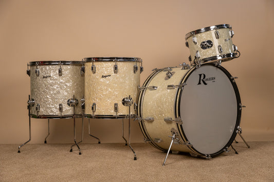 Vintage Rogers White Marine Pearl Drum Set 14x24 9x13 16x16 and 16x18
