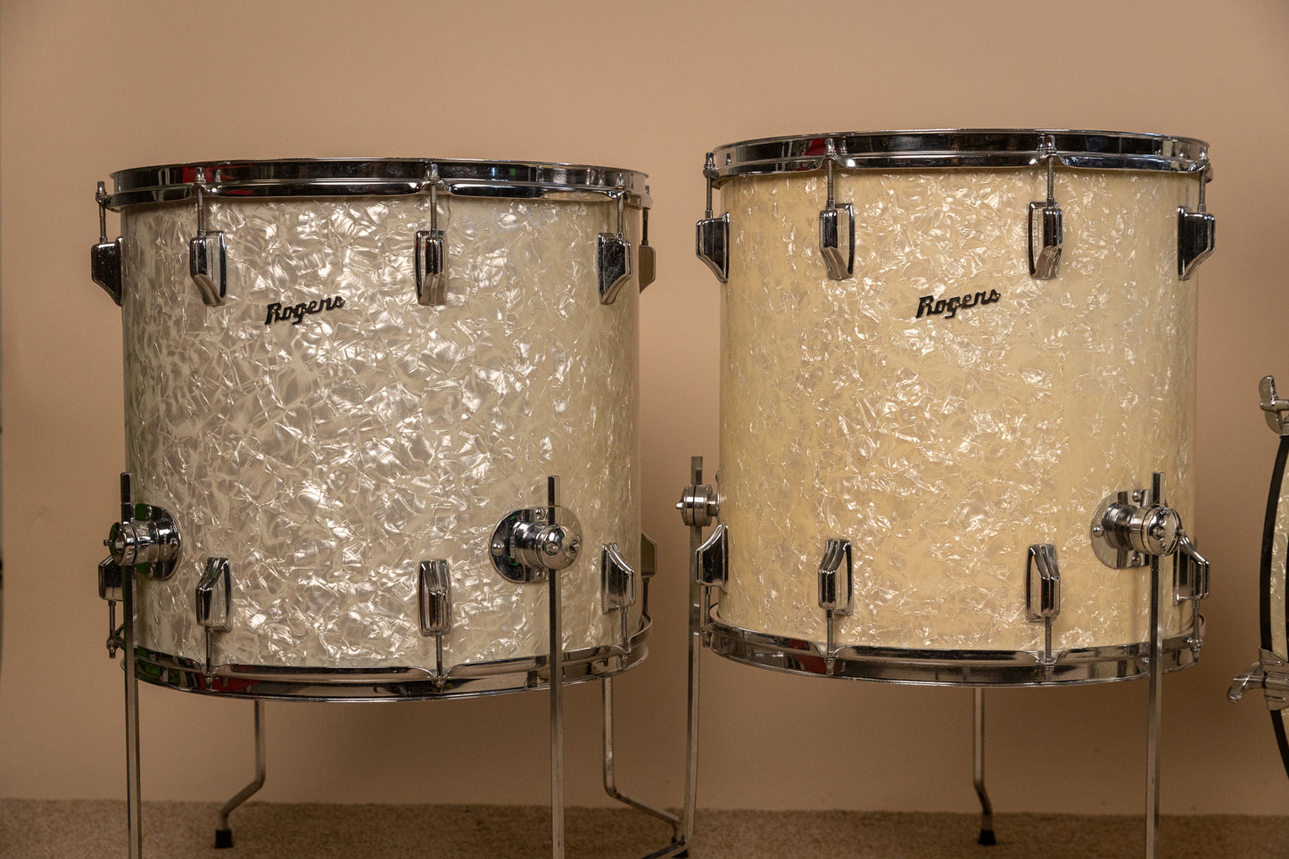 Vintage Rogers White Marine Pearl Drum Set 14x24 9x13 16x16 and 16x18
