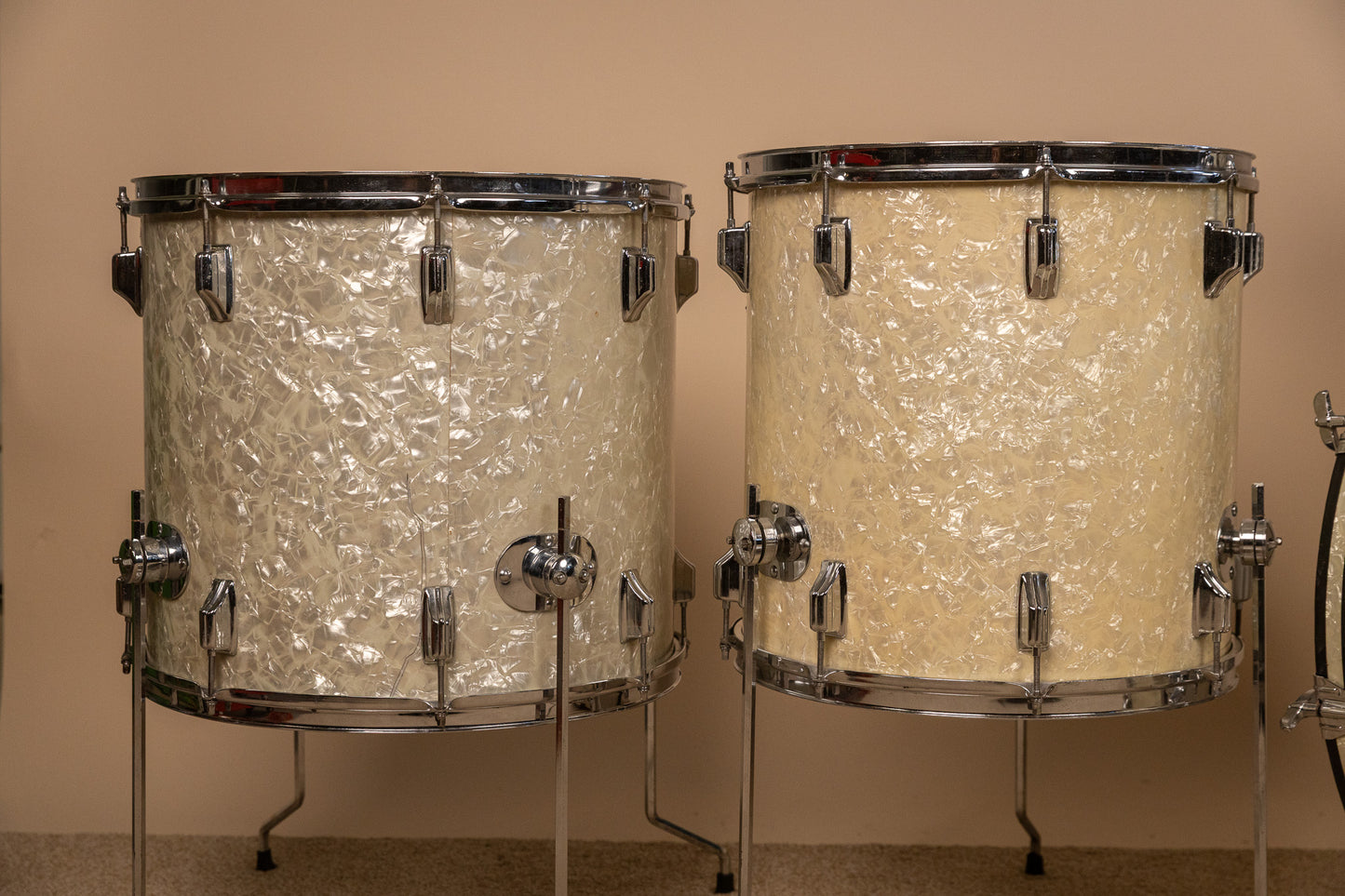 Vintage Rogers White Marine Pearl Drum Set 14x24 9x13 16x16 and 16x18